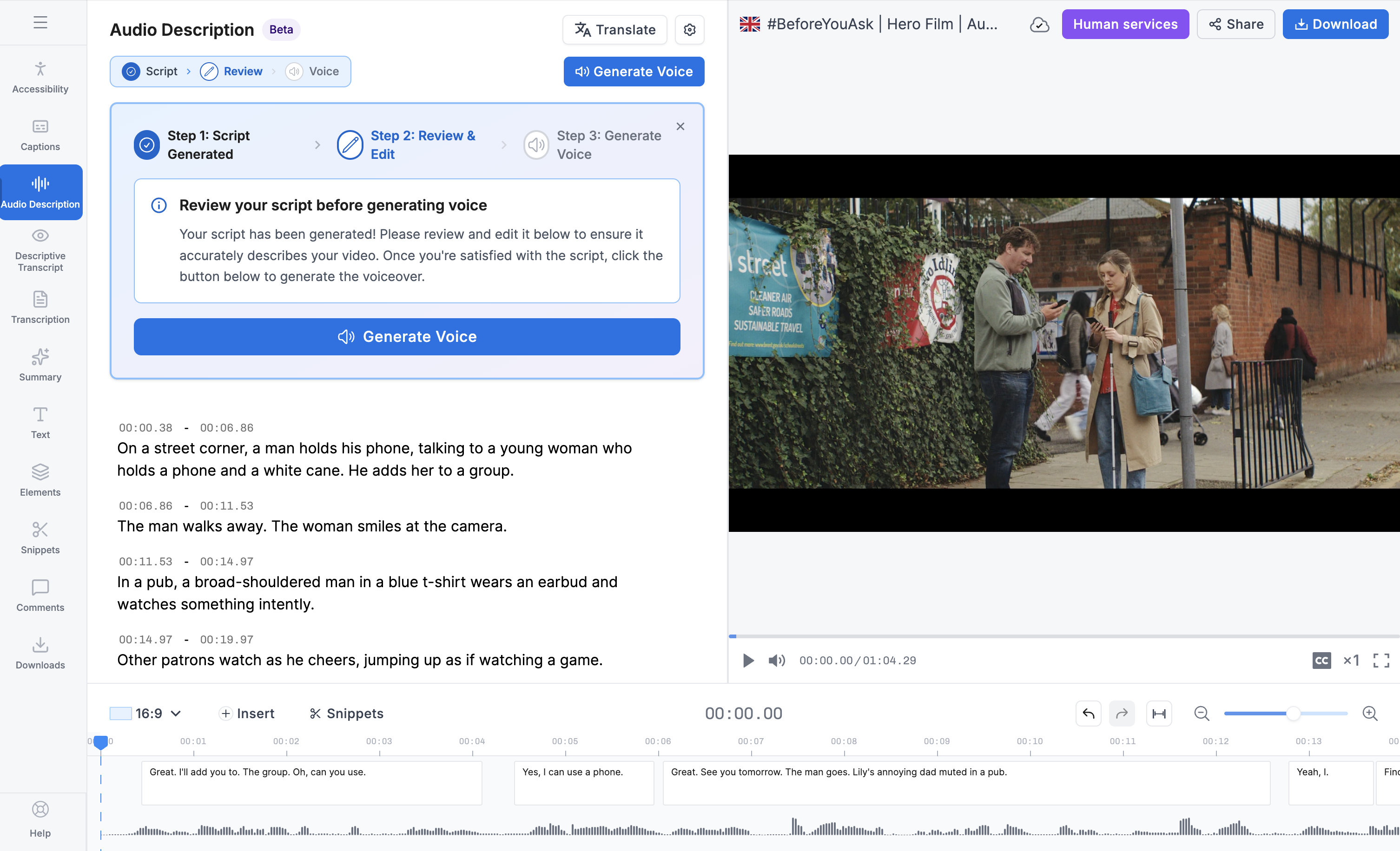 Version 1 script-first interface showing 3-step flow: generate script, review and edit, generate voice